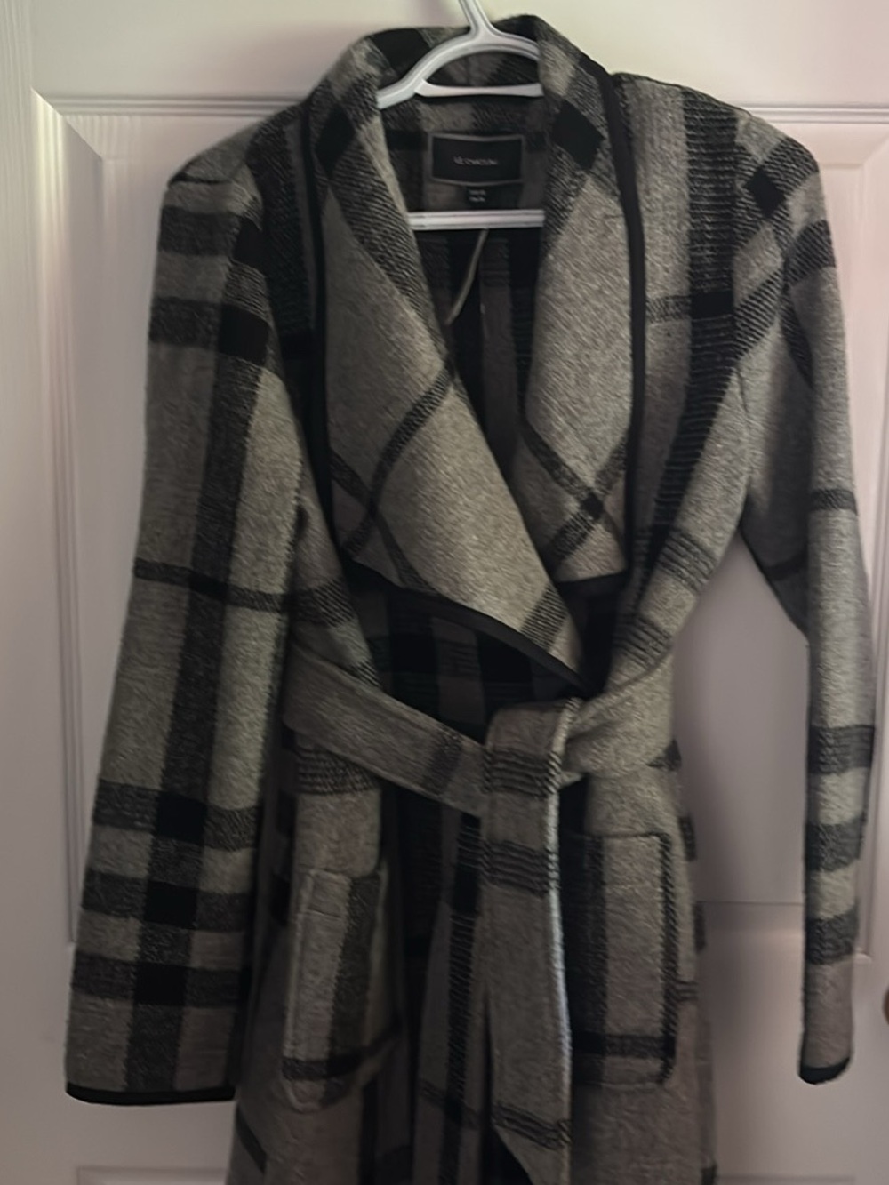 le chateau Black and Gray Plaid Wrap Coat with Belt